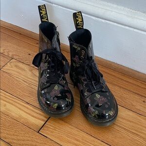 Dr. Martens Black Lace-Up Boots with side zipper, black leather, floral pattern